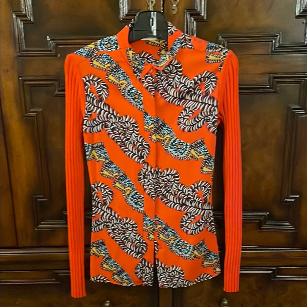 Hermes Vibrant Red and Black Patterned Blouse